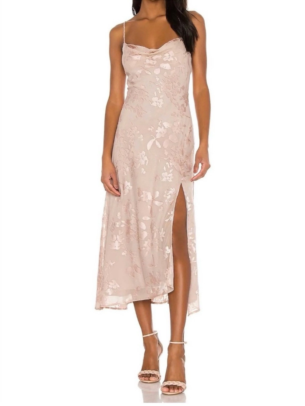 Astr Blush Floral Midi Slip Dress with Side Slit